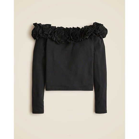 J Crew Womens Off The Shouler Top Sz XS Black Rosettes Stretch Cotton Coquette - Picture 2 of 2